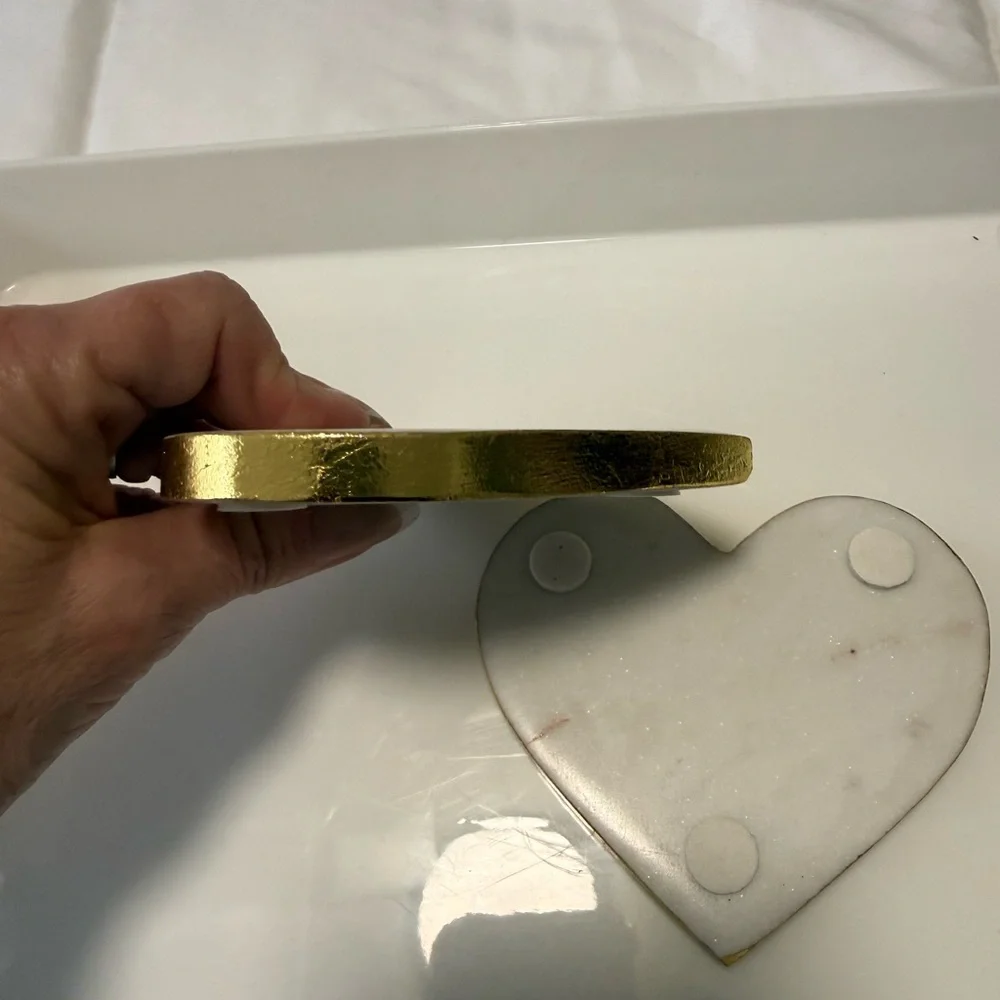 Heart-Shaped Marble Coasters with Gold Trim. (2)